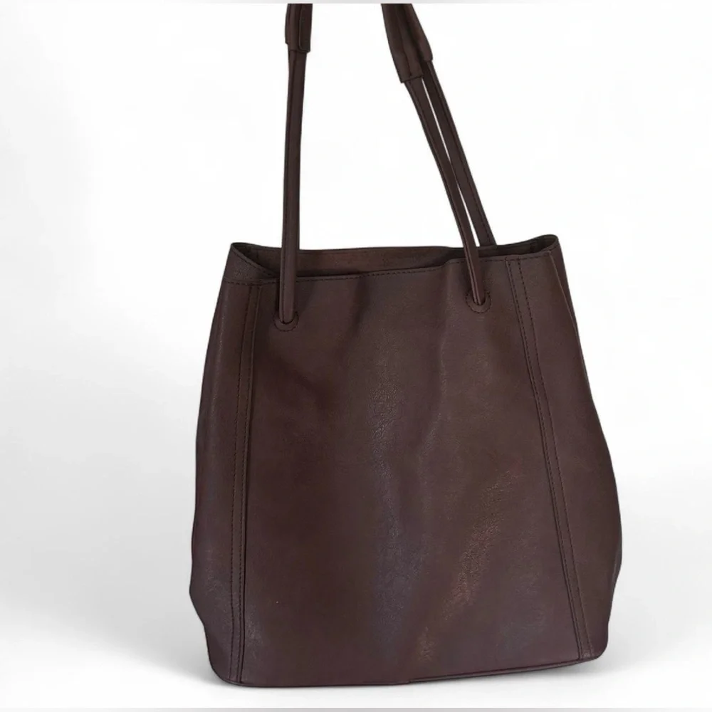 Brown Solid‎ Tote Shoulder Bag Zip Closure Removable Pouch Pockets
